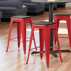 LT&S Alloy Series Lancaster Table & Seating Alloy Series Red Metal Indoor Industrial Cafe Counter Height Stool With Black Wood Seat