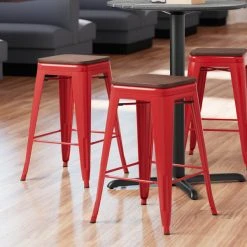 LT&S Alloy Series Lancaster Table & Seating Alloy Series Red Metal Indoor Industrial Cafe Counter Height Stool With Walnut Wood Seat