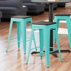 LT&S Alloy Series Lancaster Table & Seating Alloy Series Seafoam Metal Indoor Industrial Cafe Counter Height Stool With Black Wood Seat
