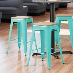 LT&S Alloy Series Lancaster Table & Seating Alloy Series Seafoam Metal Indoor Industrial Cafe Counter Height Stool With Natural Wood Seat