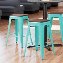 LT&S Alloy Series Lancaster Table & Seating Alloy Series Seafoam Metal Indoor Industrial Cafe Counter Height Stool With Walnut Wood Seat