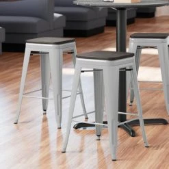 LT&S Alloy Series Lancaster Table & Seating Alloy Series Silver Metal Indoor Industrial Cafe Counter Height Stool With Black Wood Seat