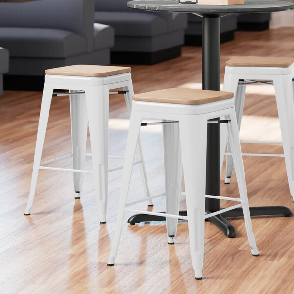 LT&S Alloy Series Lancaster Table & Seating Alloy Series White Metal Indoor Industrial Cafe Counter Height Stool With Natural Wood Seat 1 LT&S Alloy Series Lancaster Table & Seating Alloy Series White Metal Indoor Industrial Cafe Counter Height Stool With Natural Wood Seat