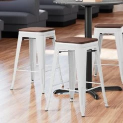 LT&S Alloy Series Lancaster Table & Seating Alloy Series White Metal Indoor Industrial Cafe Counter Height Stool With Walnut Wood Seat