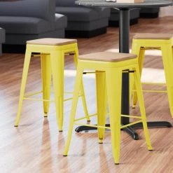 LT&S Alloy Series Lancaster Table & Seating Alloy Series Yellow Metal Indoor Industrial Cafe Counter Height Stool With Natural Wood Seat
