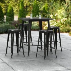 LT&S Alloy Series Lancaster Table & Seating Alloy Series 32" X 32" Distressed Black Outdoor Bar Height Table With Four Barstools