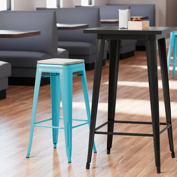 LT&S Alloy Series Lancaster Table & Seating Alloy Series Arctic Blue Stackable Metal Indoor Industrial Barstool With Gray Wood Seat 1 LT&S Alloy Series Lancaster Table & Seating Alloy Series Arctic Blue Stackable Metal Indoor Industrial Barstool With Gray Wood Seat
