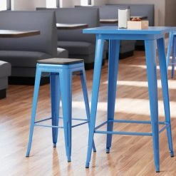 LT&S Alloy Series Lancaster Table & Seating Alloy Series Blue Metal Indoor Industrial Cafe Bar Height Stool With Black Wood Seat