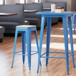 LT&S Alloy Series Lancaster Table & Seating Alloy Series Blue Stackable Metal Indoor Industrial Barstool With Gray Wood Seat