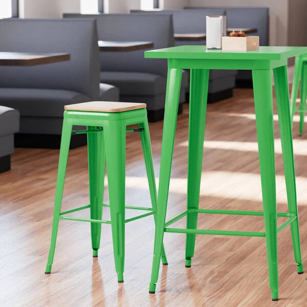 LT&S Alloy Series Lancaster Table & Seating Alloy Series Green Metal Indoor Industrial Cafe Bar Height Stool With Natural Wood Seat 1 LT&S Alloy Series Lancaster Table & Seating Alloy Series Green Metal Indoor Industrial Cafe Bar Height Stool With Natural Wood Seat