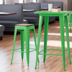 LT&S Alloy Series Lancaster Table & Seating Alloy Series Green Metal Indoor Industrial Cafe Bar Height Stool With Walnut Wood Seat