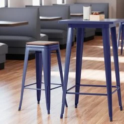 LT&S Alloy Series Lancaster Table & Seating Alloy Series Navy Stackable Metal Indoor Industrial Barstool With Walnut Wood Seat