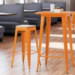 LT&S Alloy Series Lancaster Table & Seating Alloy Series Orange Metal Indoor Industrial Cafe Bar Height Stool With Natural Wood Seat
