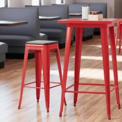 LT&S Alloy Series Lancaster Table & Seating Alloy Series Red Metal Indoor Industrial Cafe Bar Height Stool With Black Wood Seat