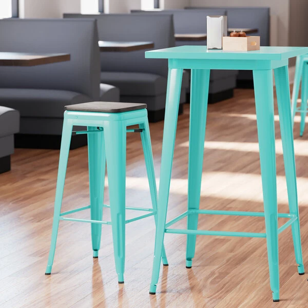 LT&S Alloy Series Lancaster Table & Seating Alloy Series Seafoam Metal Indoor Industrial Cafe Bar Height Stool With Black Wood Seat 1 LT&S Alloy Series Lancaster Table & Seating Alloy Series Seafoam Metal Indoor Industrial Cafe Bar Height Stool With Black Wood Seat