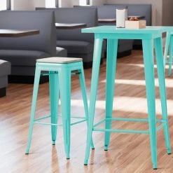 LT&S Alloy Series Lancaster Table & Seating Alloy Series Seafoam Stackable Metal Indoor Industrial Barstool With Gray Wood Seat
