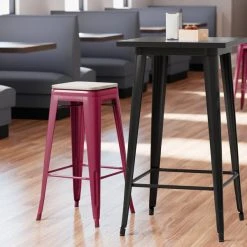 LT&S Alloy Series Lancaster Table & Seating Alloy Series Sangria Stackable Metal Indoor Industrial Barstool With Gray Wood Seat