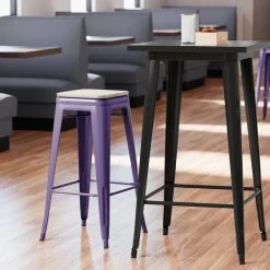 LT&S Alloy Series Lancaster Table & Seating Alloy Series Purple Stackable Metal Indoor Industrial Barstool With Gray Wood Seat