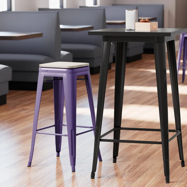 LT&S Alloy Series Lancaster Table & Seating Alloy Series Purple Stackable Metal Indoor Industrial Barstool With Gray Wood Seat 1 LT&S Alloy Series Lancaster Table & Seating Alloy Series Purple Stackable Metal Indoor Industrial Barstool With Gray Wood Seat