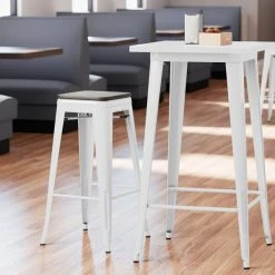 LT&S Alloy Series Lancaster Table & Seating Alloy Series White Metal Indoor Industrial Cafe Bar Height Stool With Black Wood Seat