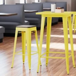 LT&S Alloy Series Lancaster Table & Seating Alloy Series Yellow Metal Indoor Industrial Cafe Bar Height Stool With Black Wood Seat
