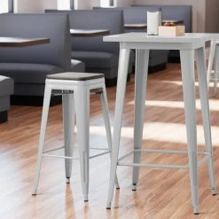 LT&S Alloy Series Lancaster Table & Seating Alloy Series Silver Metal Indoor Industrial Cafe Bar Height Stool With Black Wood Seat