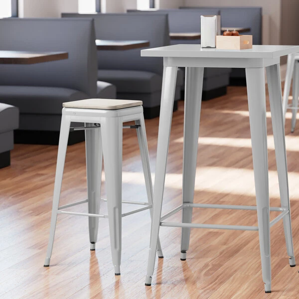 LT&S Alloy Series Lancaster Table & Seating Alloy Series Silver Stackable Metal Indoor Industrial Barstool With Gray Wood Seat 1 LT&S Alloy Series Lancaster Table & Seating Alloy Series Silver Stackable Metal Indoor Industrial Barstool With Gray Wood Seat