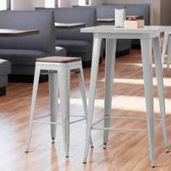 LT&S Alloy Series Lancaster Table & Seating Alloy Series Silver Metal Indoor Industrial Cafe Bar Height Stool With Walnut Wood Seat