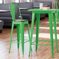 LT&S Alloy Series Lancaster Table & Seating Alloy Series Green Metal Indoor Industrial Cafe Bar Height Stool With Vertical Slat Back And Black Wood Seat