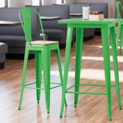LT&S Alloy Series Lancaster Table & Seating Alloy Series Green Metal Indoor Industrial Cafe Bar Height Stool With Vertical Slat Back And Natural Wood Seat
