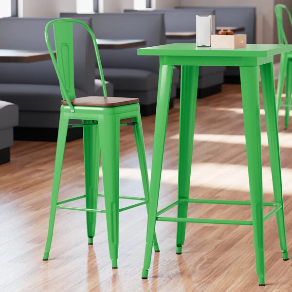 LT&S Alloy Series Lancaster Table & Seating Alloy Series Green Metal Indoor Industrial Cafe Bar Height Stool With Vertical Slat Back And Walnut Wood Seat 1 LT&S Alloy Series Lancaster Table & Seating Alloy Series Green Metal Indoor Industrial Cafe Bar Height Stool With Vertical Slat Back And Walnut Wood Seat
