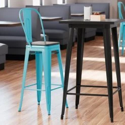 LT&S Alloy Series Lancaster Table & Seating Alloy Series Arctic Blue Metal Indoor Industrial Cafe Bar Height Stool With Vertical Slat Back And Black Wood Seat