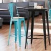 LT&S Alloy Series Lancaster Table & Seating Alloy Series Arctic Blue Metal Indoor Industrial Cafe Bar Height Stool With Vertical Slat Back And Natural Wood Seat