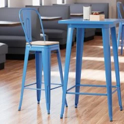 LT&S Alloy Series Lancaster Table & Seating Alloy Series Blue Metal Indoor Industrial Cafe Bar Height Stool With Vertical Slat Back And Natural Wood Seat