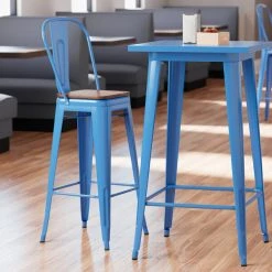 LT&S Alloy Series Lancaster Table & Seating Alloy Series Blue Metal Indoor Industrial Cafe Bar Height Stool With Vertical Slat Back And Walnut Wood Seat