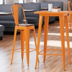 LT&S Alloy Series Lancaster Table & Seating Alloy Series Orange Metal Indoor Industrial Cafe Bar Height Stool With Vertical Slat Back And Walnut Wood Seat