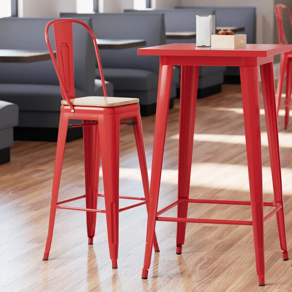 LT&S Alloy Series Lancaster Table & Seating Alloy Series Red Metal Indoor Industrial Cafe Bar Height Stool With Vertical Slat Back And Natural Wood Seat 1 LT&S Alloy Series Lancaster Table & Seating Alloy Series Red Metal Indoor Industrial Cafe Bar Height Stool With Vertical Slat Back And Natural Wood Seat