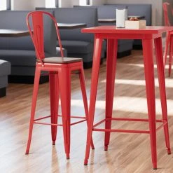 LT&S Alloy Series Lancaster Table & Seating Alloy Series Red Metal Indoor Industrial Cafe Bar Height Stool With Vertical Slat Back And Walnut Wood Seat