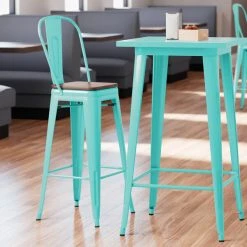 LT&S Alloy Series Lancaster Table & Seating Alloy Series Seafoam Metal Indoor Industrial Cafe Bar Height Stool With Vertical Slat Back And Walnut Wood Seat