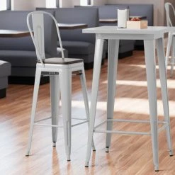 LT&S Alloy Series Lancaster Table & Seating Alloy Series Silver Metal Indoor Industrial Cafe Bar Height Stool With Vertical Slat Back And Black Wood Seat