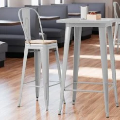 LT&S Alloy Series Lancaster Table & Seating Alloy Series Silver Metal Indoor Industrial Cafe Bar Height Stool With Vertical Slat Back And Natural Wood Seat