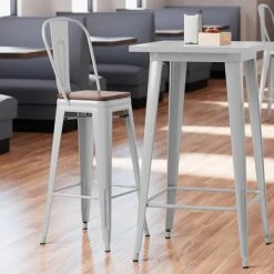 LT&S Alloy Series Lancaster Table & Seating Alloy Series Silver Metal Indoor Industrial Cafe Bar Height Stool With Vertical Slat Back And Walnut Wood Seat