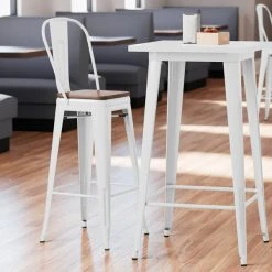 LT&S Alloy Series Lancaster Table & Seating Alloy Series White Metal Indoor Industrial Cafe Bar Height Stool With Vertical Slat Back And Walnut Wood Seat