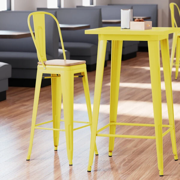LT&S Alloy Series Lancaster Table & Seating Alloy Series Yellow Metal Indoor Industrial Cafe Bar Height Stool With Vertical Slat Back And Natural Wood Seat 1 LT&S Alloy Series Lancaster Table & Seating Alloy Series Yellow Metal Indoor Industrial Cafe Bar Height Stool With Vertical Slat Back And Natural Wood Seat