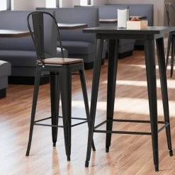 LT&S Alloy Series Lancaster Table & Seating Alloy Series Black Metal Indoor Industrial Cafe Bar Height Stool With Vertical Slat Back And Walnut Wood Seat