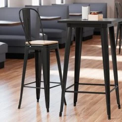 LT&S Alloy Series Lancaster Table & Seating Alloy Series Black Metal Indoor Industrial Cafe Bar Height Stool With Vertical Slat Back And Natural Wood Seat