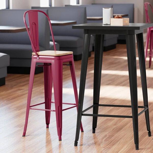 LT&S Alloy Series Lancaster Table & Seating Alloy Series Sangria Metal Indoor Industrial Cafe Bar Height Stool With Vertical Slat Back And Natural Wood Seat 1 LT&S Alloy Series Lancaster Table & Seating Alloy Series Sangria Metal Indoor Industrial Cafe Bar Height Stool With Vertical Slat Back And Natural Wood Seat