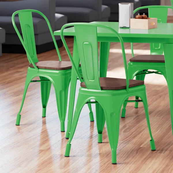 LT&S Alloy Series Lancaster Table & Seating Alloy Series Green Metal Indoor Industrial Cafe Chair With Vertical Slat Back And Walnut Wood Seat 1 LT&S Alloy Series Lancaster Table & Seating Alloy Series Green Metal Indoor Industrial Cafe Chair With Vertical Slat Back And Walnut Wood Seat