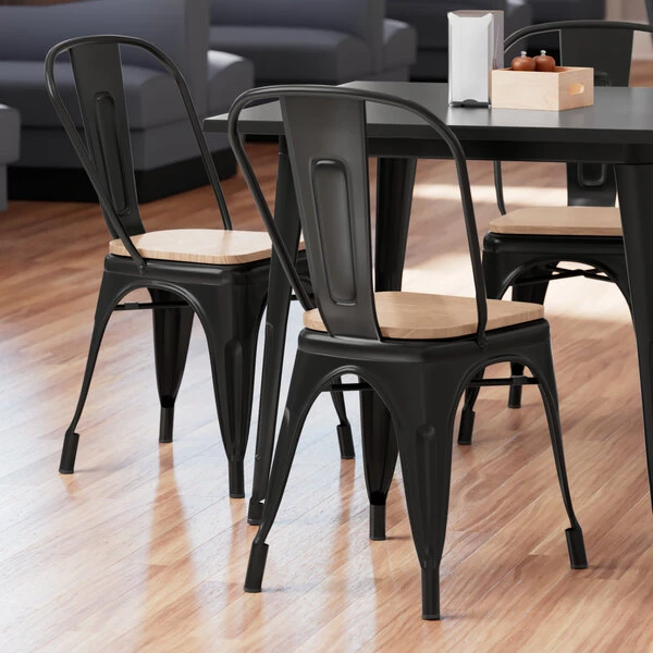 LT&S Alloy Series Lancaster Table & Seating Alloy Series Black Metal Indoor Industrial Cafe Chair With Vertical Slat Back And Natural Wood Seat 1 LT&S Alloy Series Lancaster Table & Seating Alloy Series Black Metal Indoor Industrial Cafe Chair With Vertical Slat Back And Natural Wood Seat