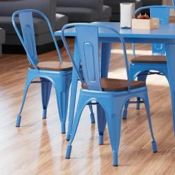 LT&S Alloy Series Lancaster Table & Seating Alloy Series Blue Metal Indoor Industrial Cafe Chair With Vertical Slat Back And Walnut Wood Seat
